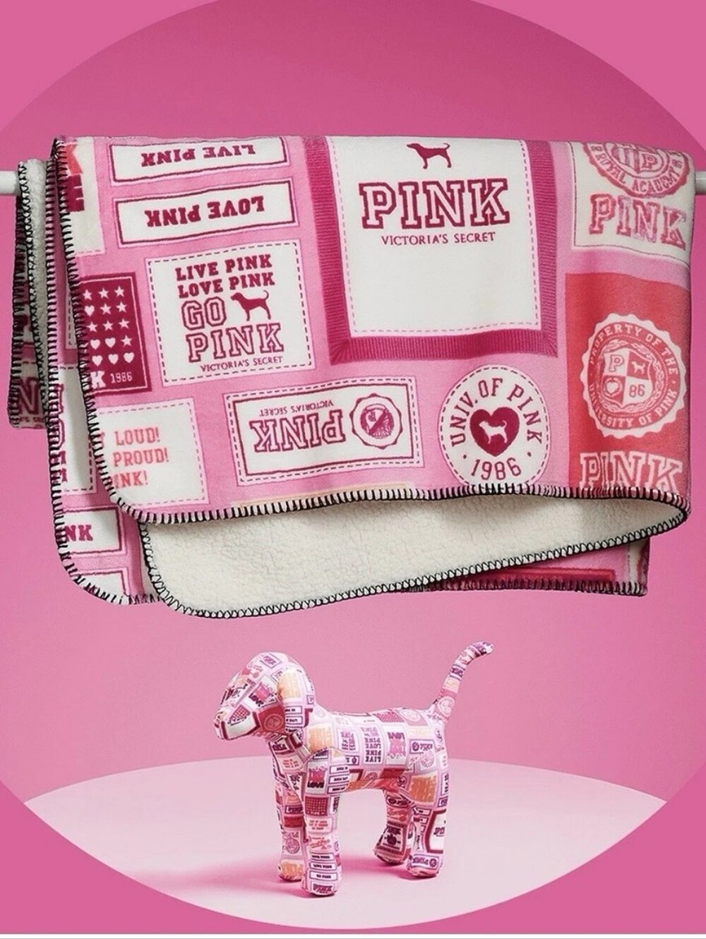 Victoria's Secret PINK Pink Friday Logo Blanket + Mystery Dog Plush New